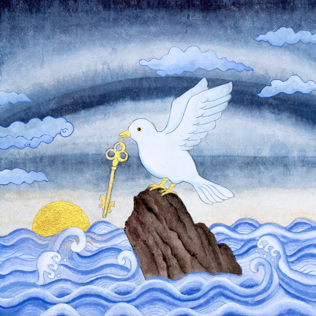 O Key of David: a dove carrying a key over a rock and waves at sunrise