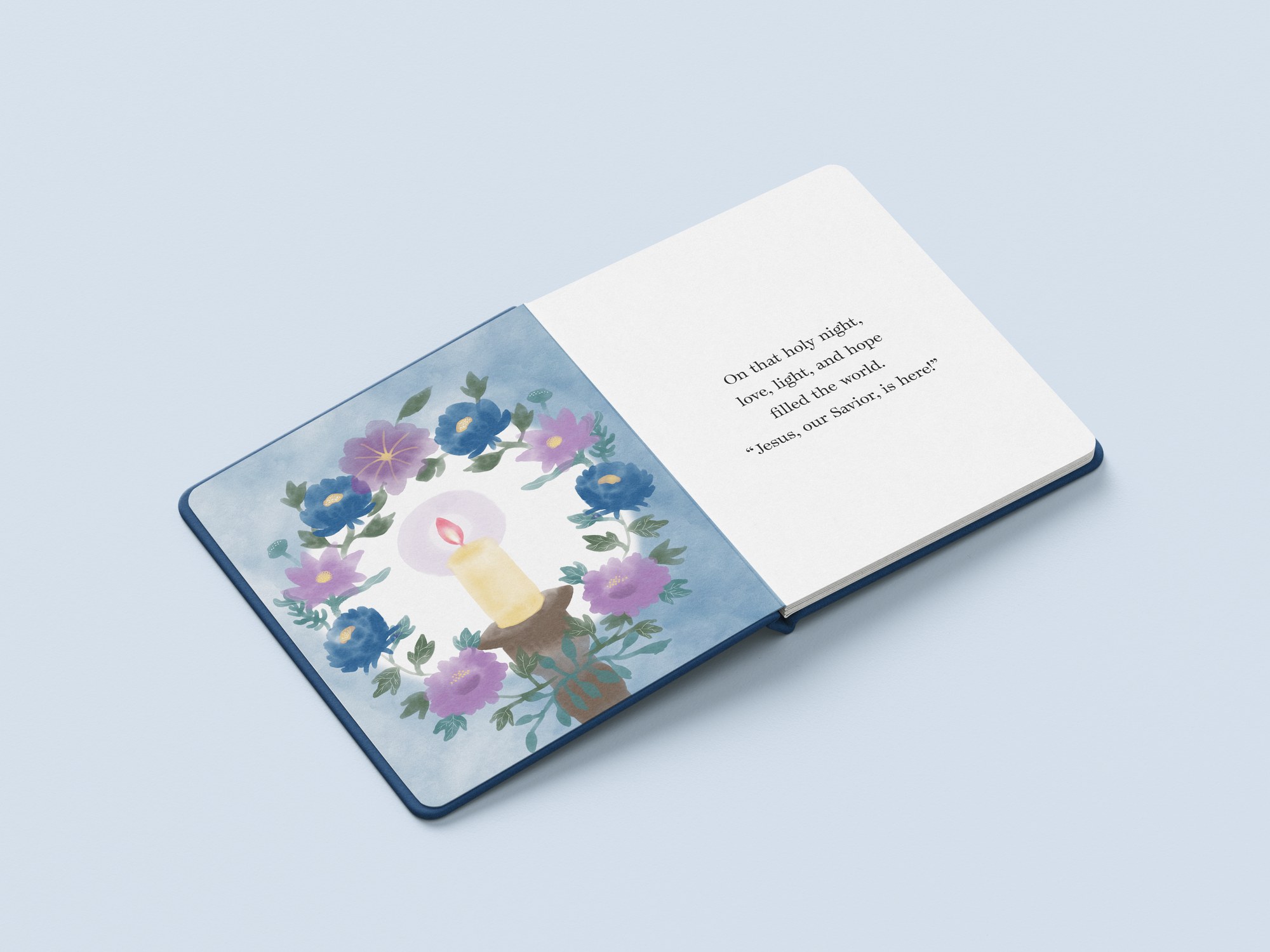 Open spread: a candle ringed by blue and violet flowers, text on white