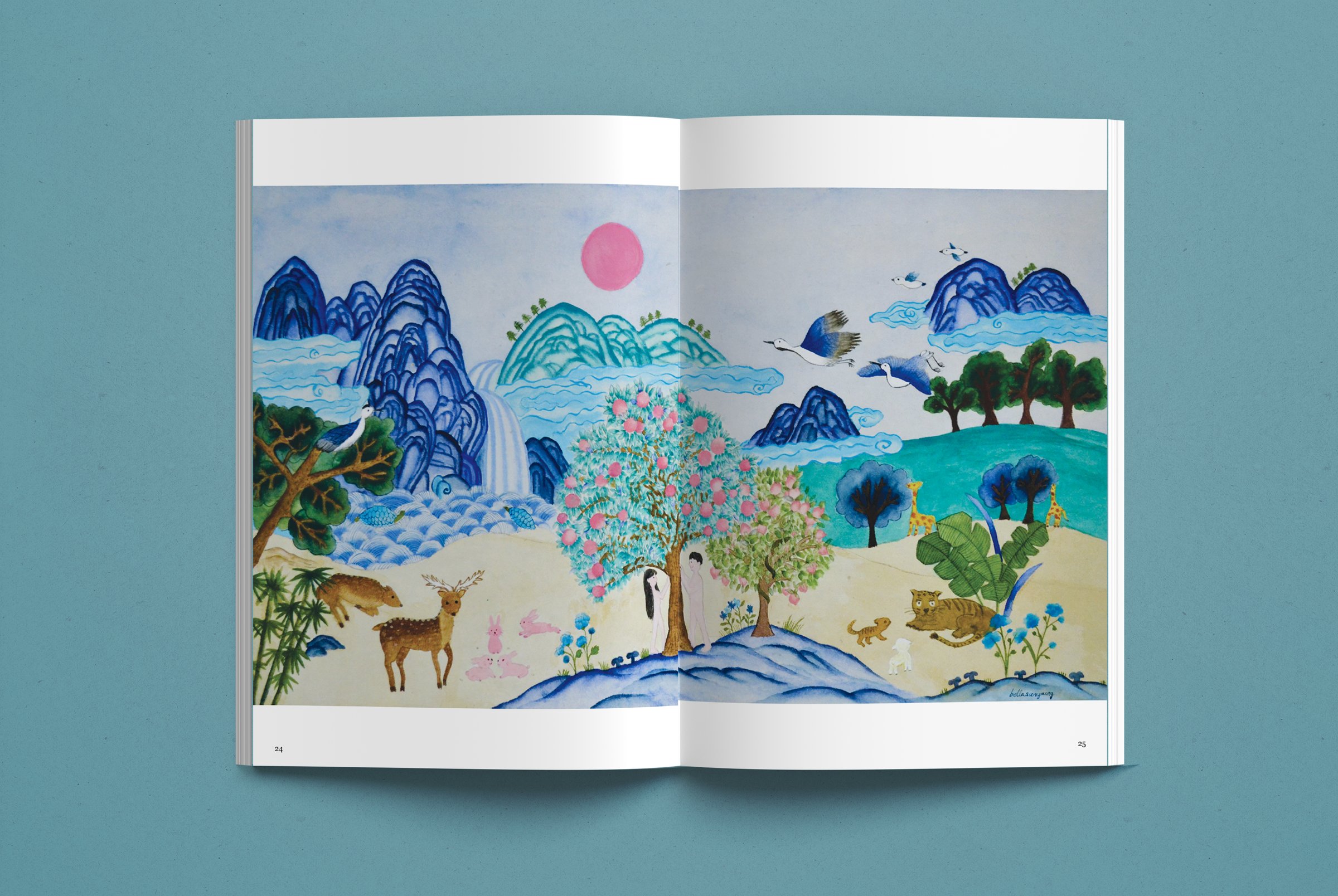 Full-spread painting of the Garden of Eden: blue mountains, a pink sun, fruit trees, Adam and Eve and animals