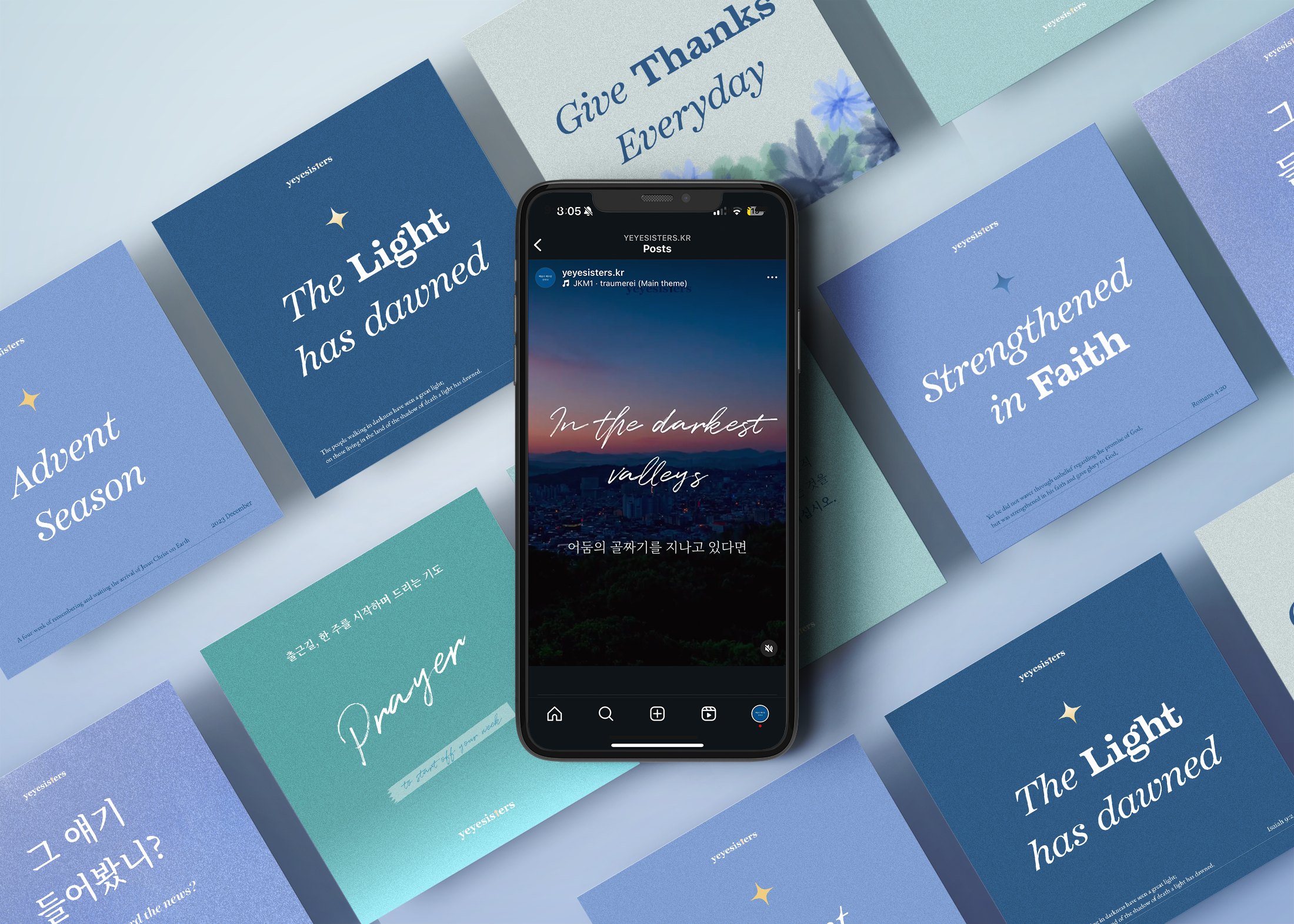 Phone showing the yeyesisters.kr Instagram post In the darkest valleys, over a tilted grid of blue and teal scripture and prayer cards