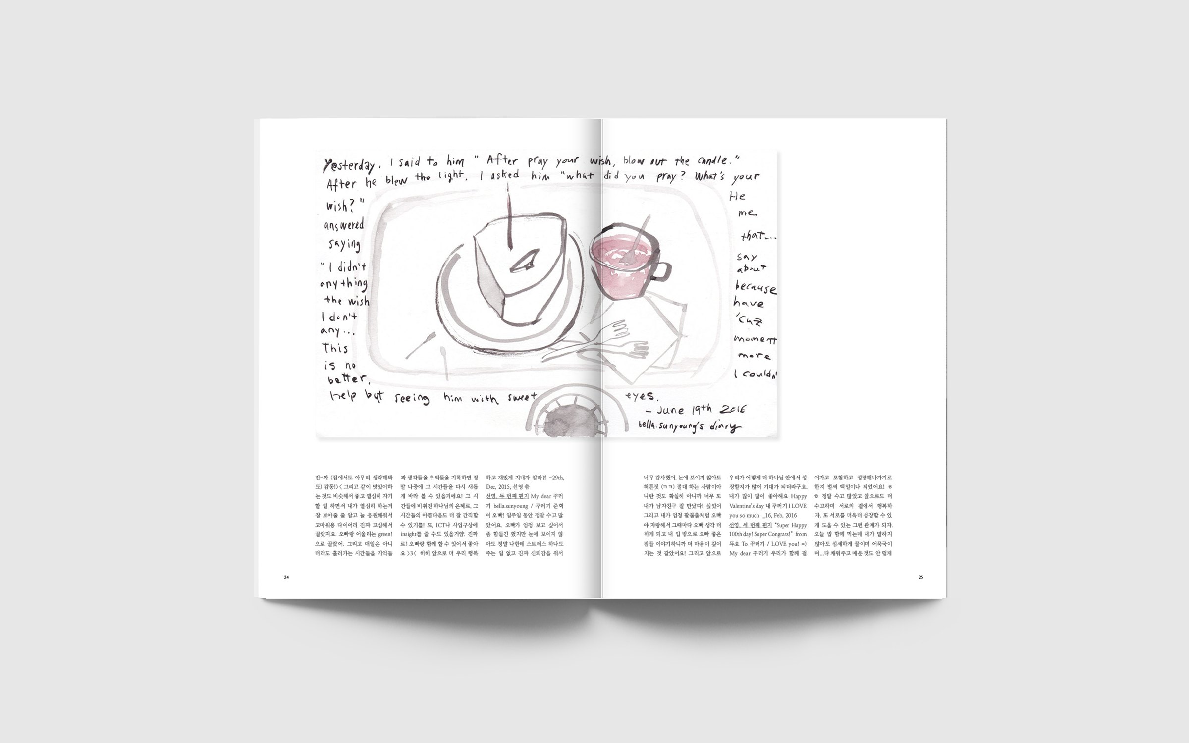 Spread, pages 24–25: a watercolour diary page of a cake and a pink cup with handwritten English, above columns of letters