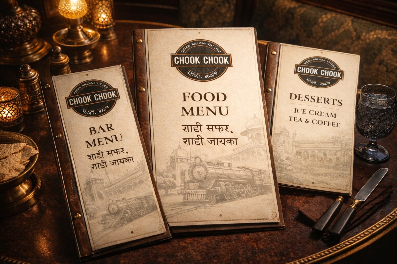 Chook Chook menus: bar, food and desserts menus on a dark restaurant table