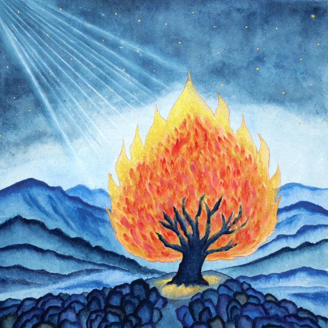 O Lord and Ruler: a burning bush against blue mountains under a shaft of light