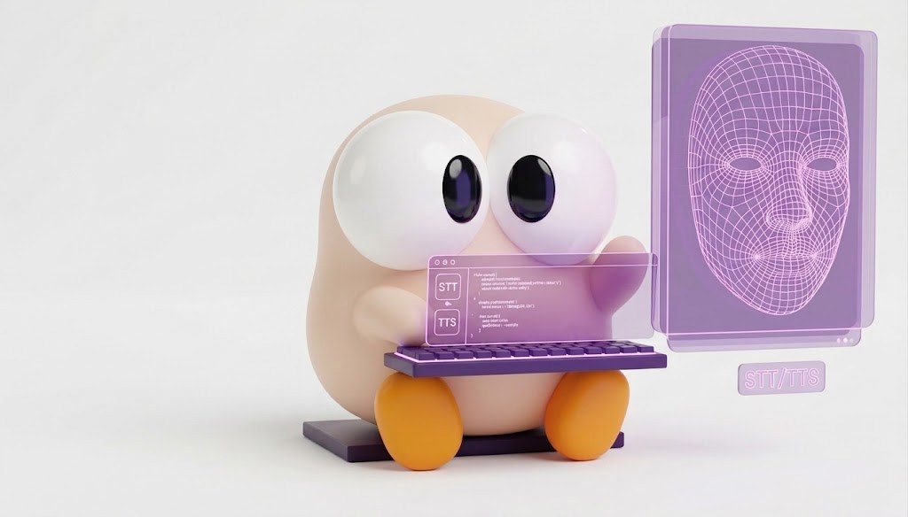 AI Human mascot at a keyboard with a speech-to-text face panel