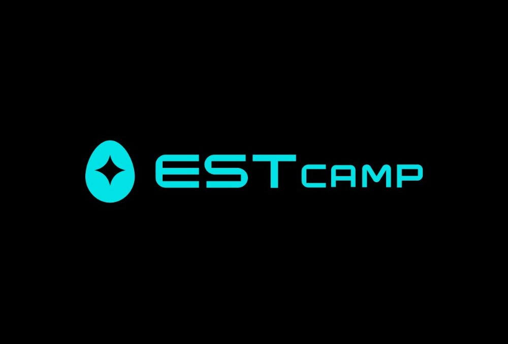 ESTcamp combination mark: egg symbol and wordmark in cyan on black