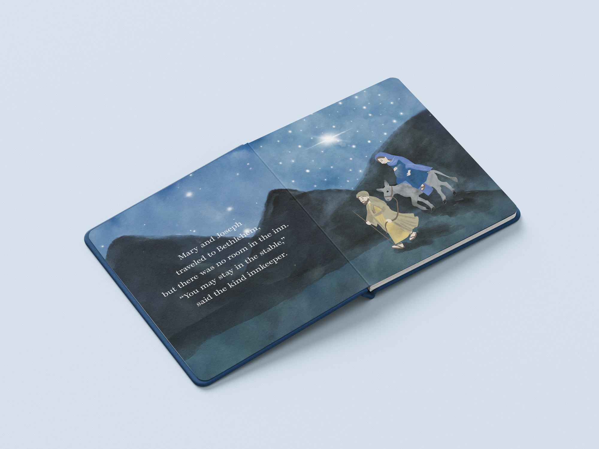 Open spread: Mary and Joseph on the road to Bethlehem under a bright star