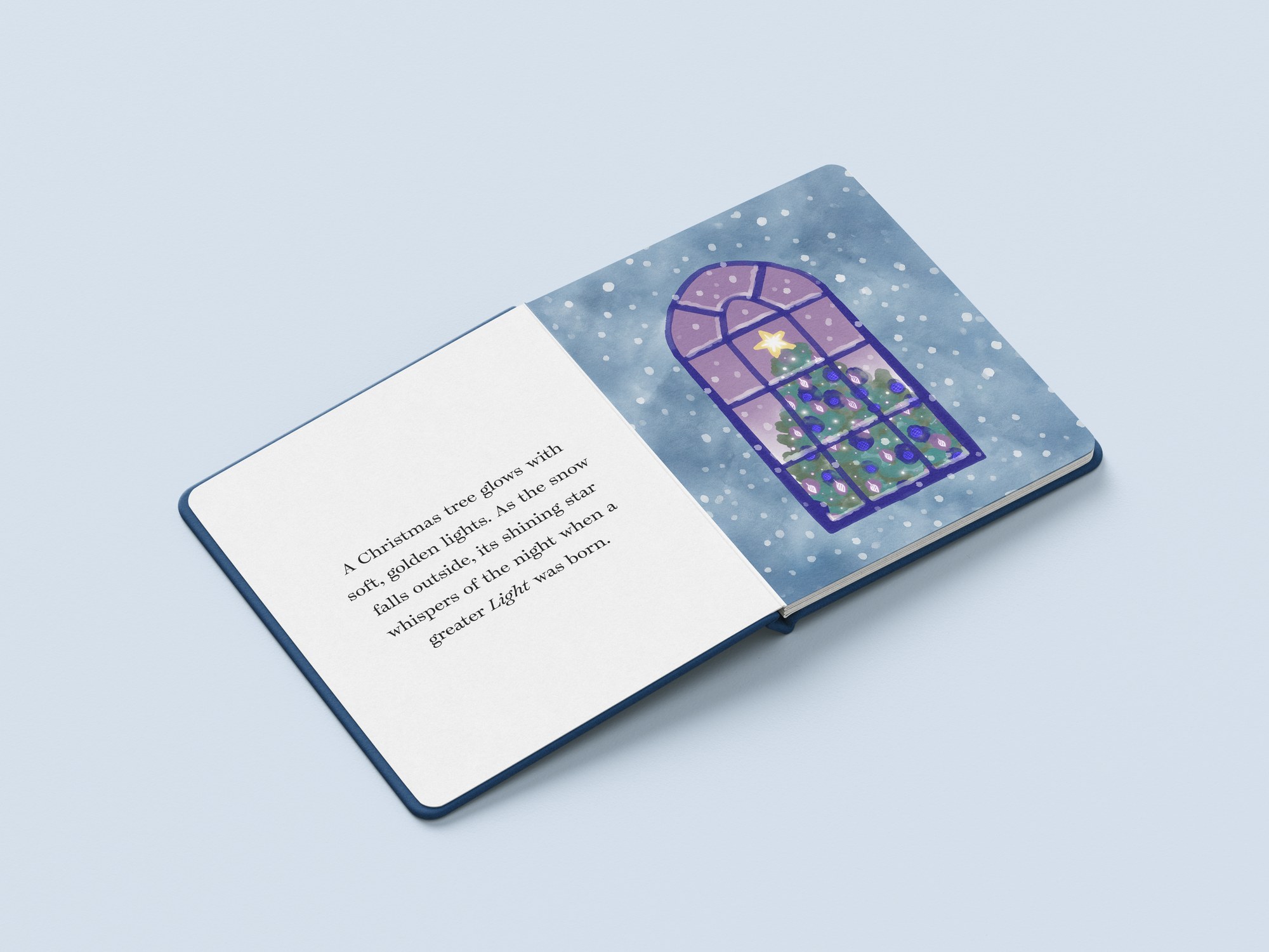 Open spread: the Christmas tree glowing in an arched window, text on a white page