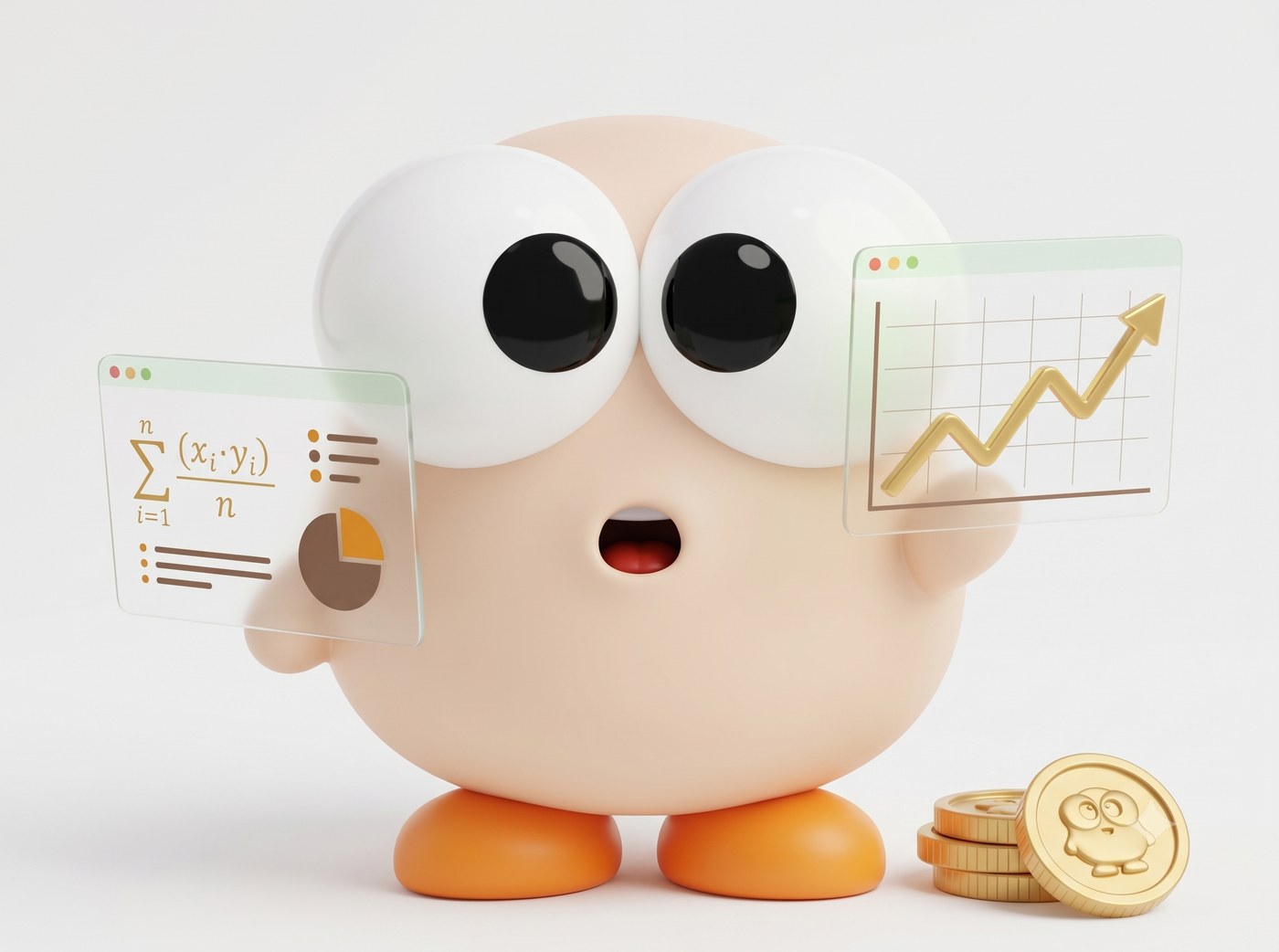AI Quant mascot with data panels and gold coins