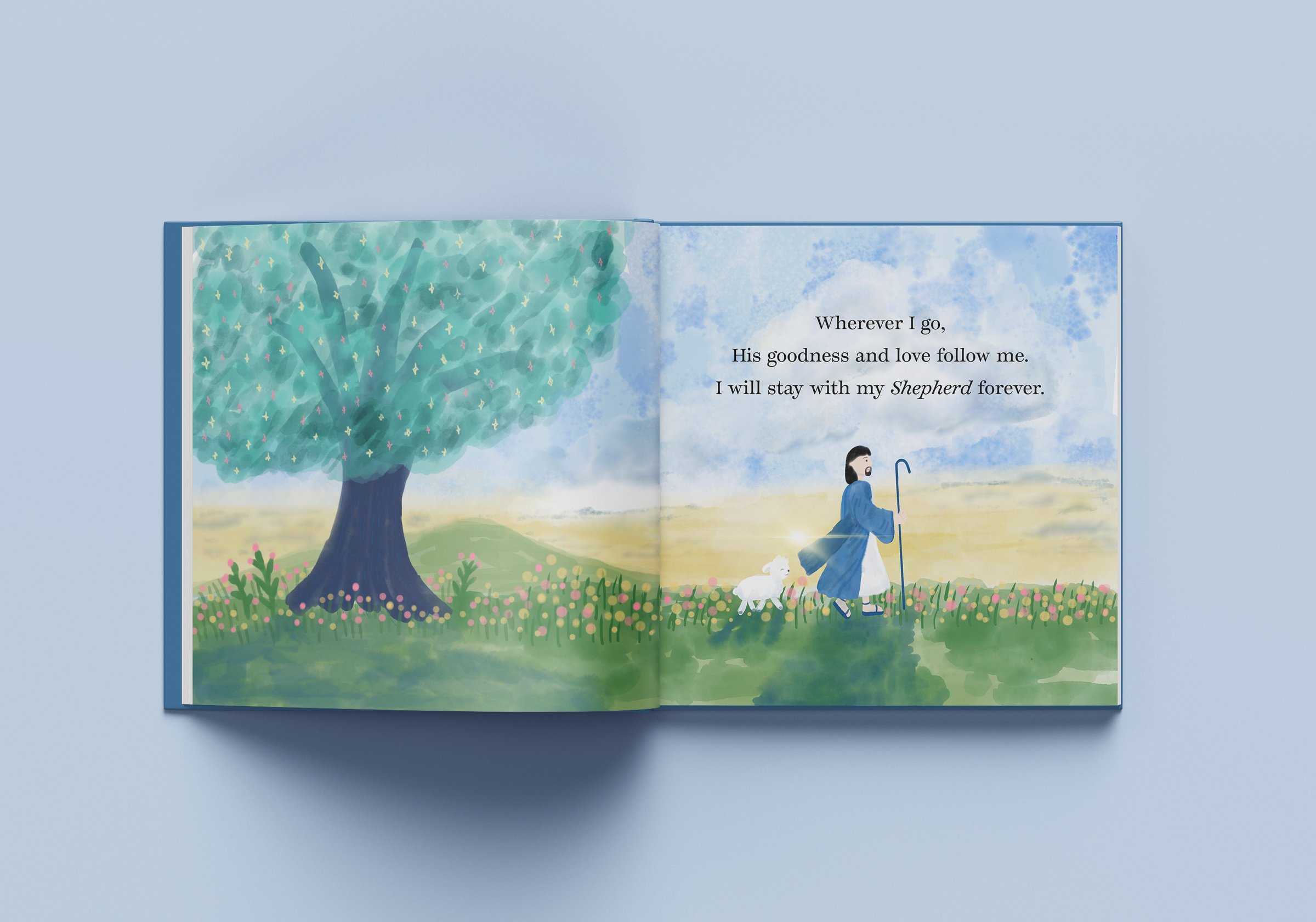 Open spread: a blossoming tree on a flower meadow, beside Wherever I go with the shepherd and lamb walking