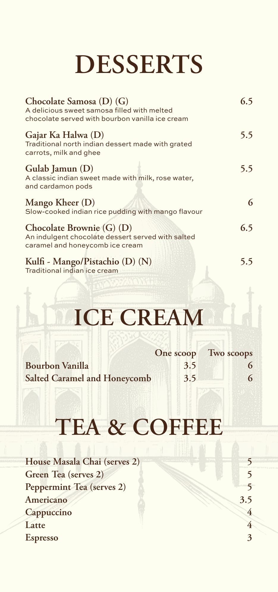 Desserts menu