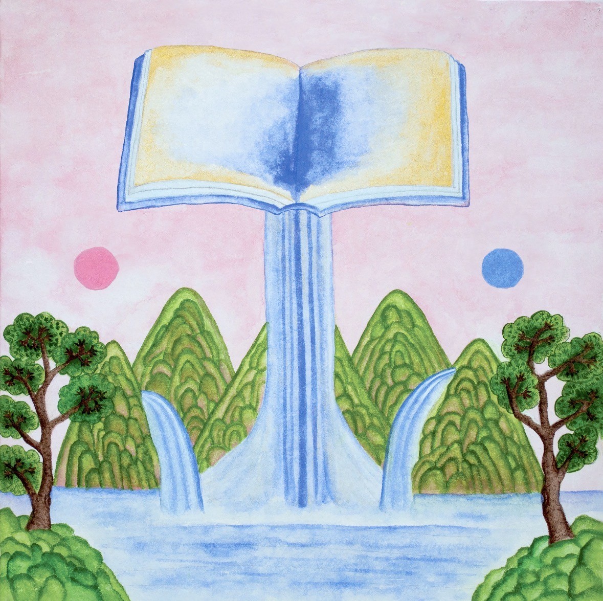 O Emmanuel: an open book standing over twin waterfalls between mountains, sun and moon overhead