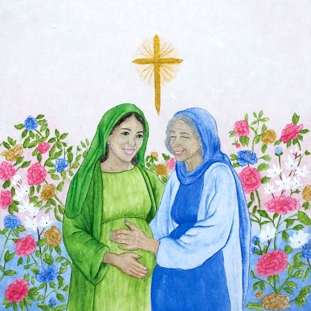 Magnificat: Mary, pregnant, greeting an older Elizabeth beneath a gold star and cross, among flowering trees