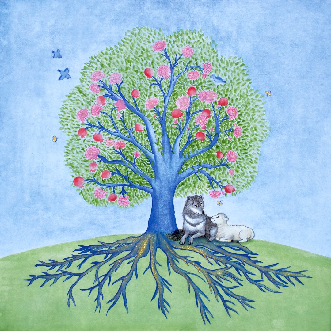 O Root of Jesse: a rooted tree in blossom with a wolf resting beside a lamb