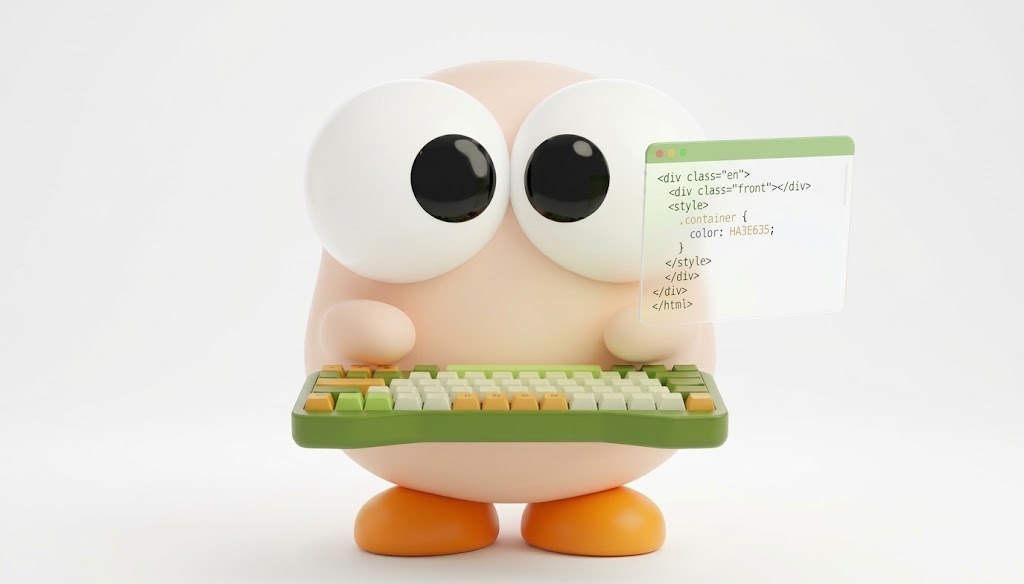 Front-end mascot with a green keyboard and a floating code window