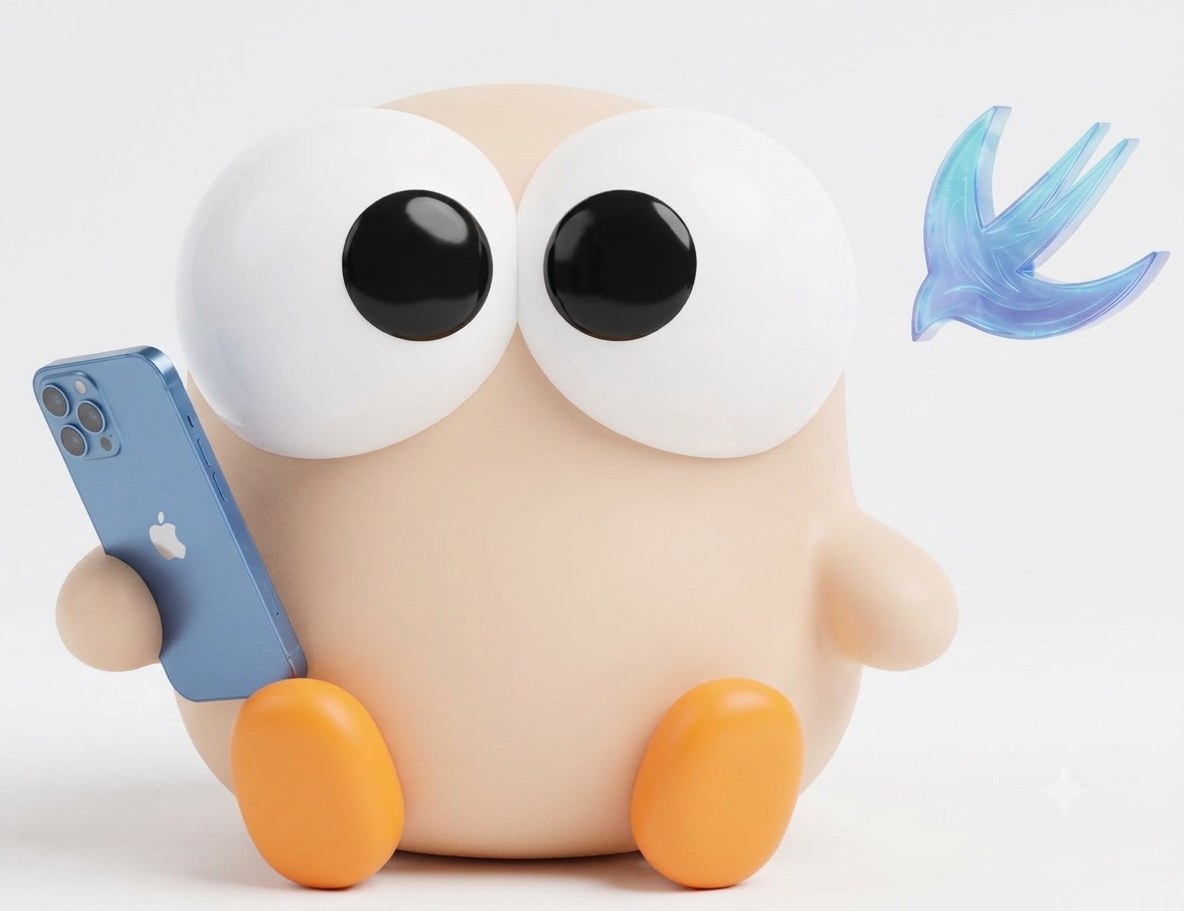 iOS mascot holding a phone, a glass swallow beside it