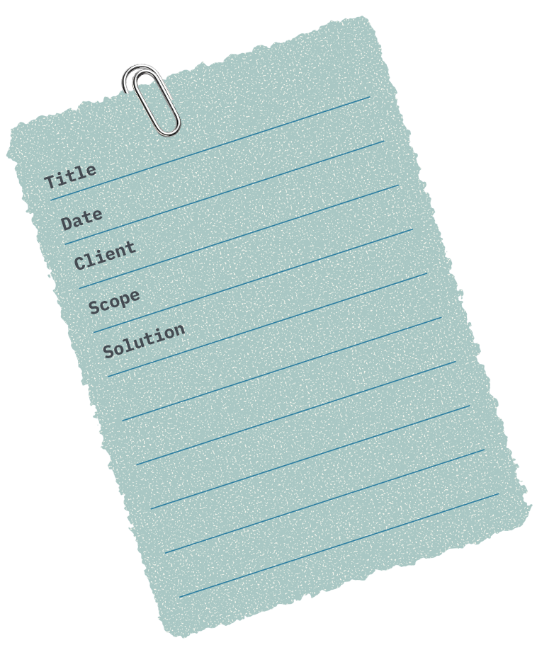 blank field note, title / date / client / scope / solution