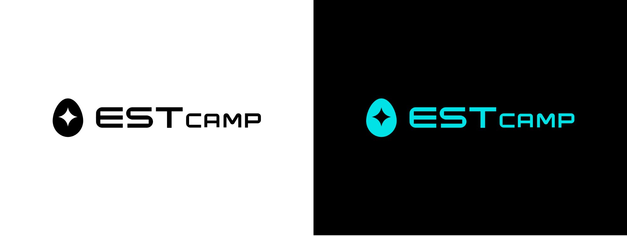ESTcamp symbolmark and wordmark, shown on white and on black