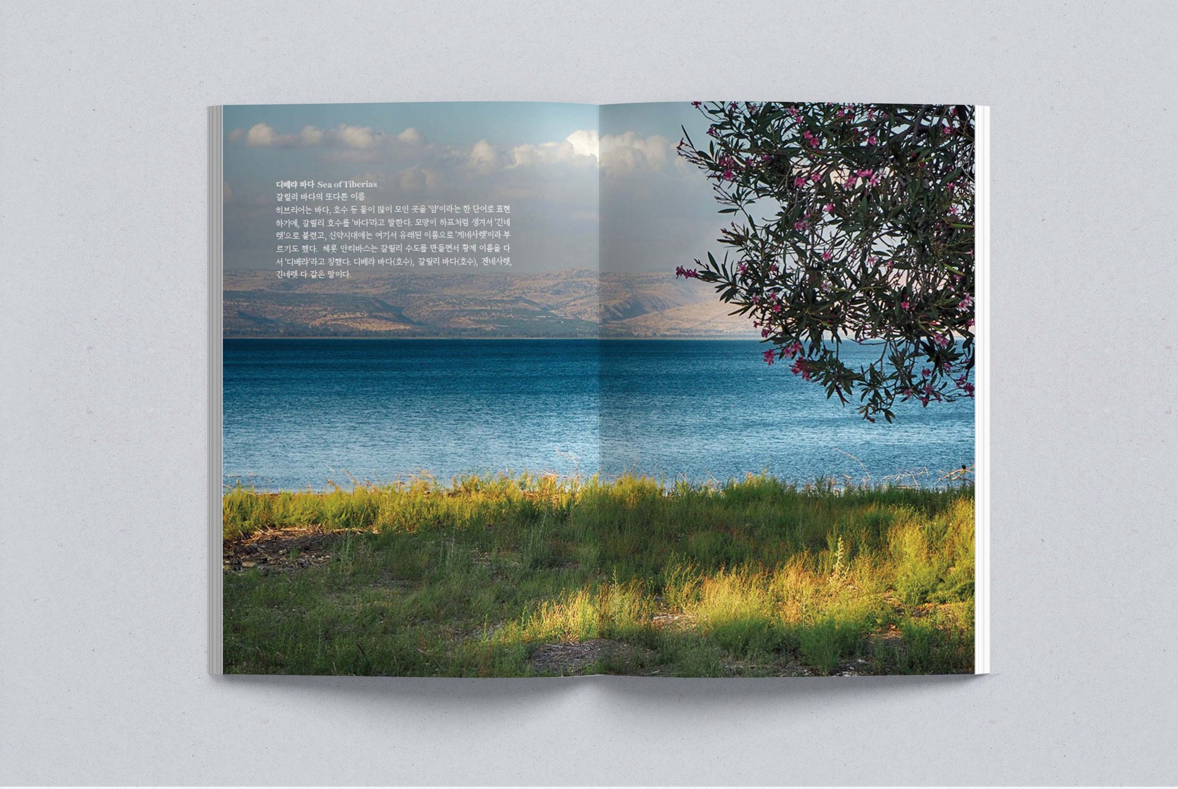 Interior spread: the Sea of Tiberias with a note on its names, over a photograph of the shore