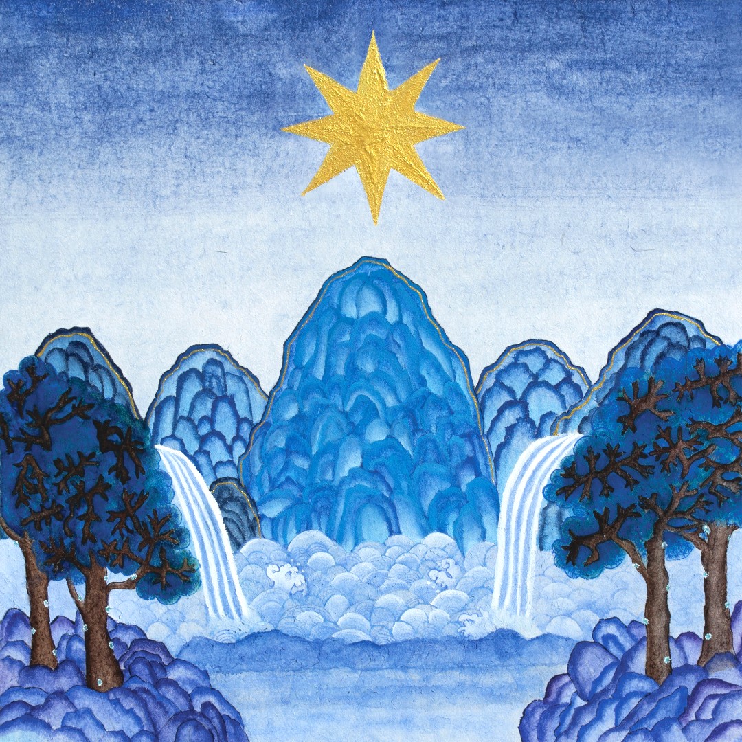 O Morning Star: a star over blue mountain peaks with twin waterfalls