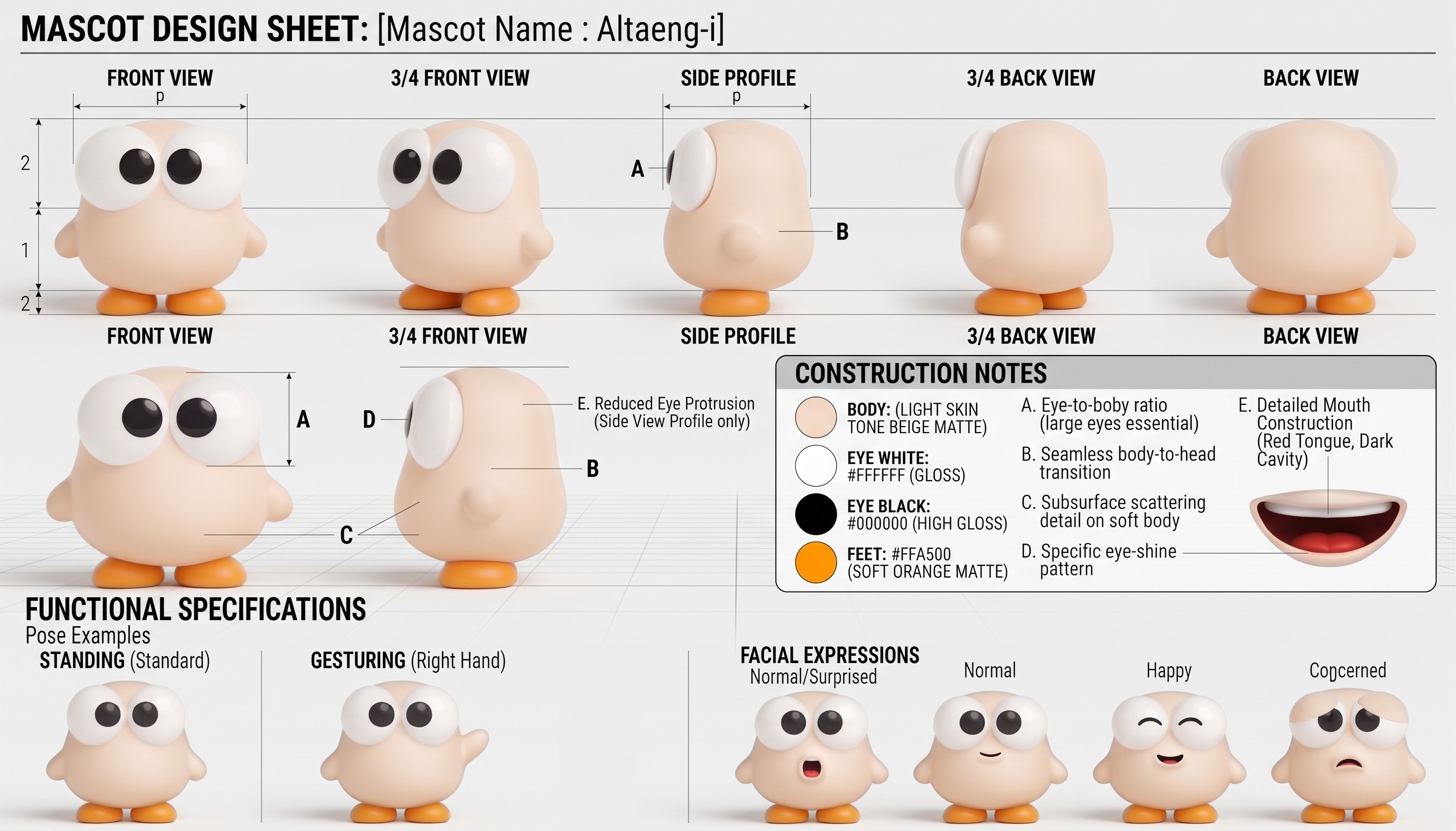 Altaeng-i mascot design sheet: front, three-quarter, side and back views, construction notes, poses and facial expressions
