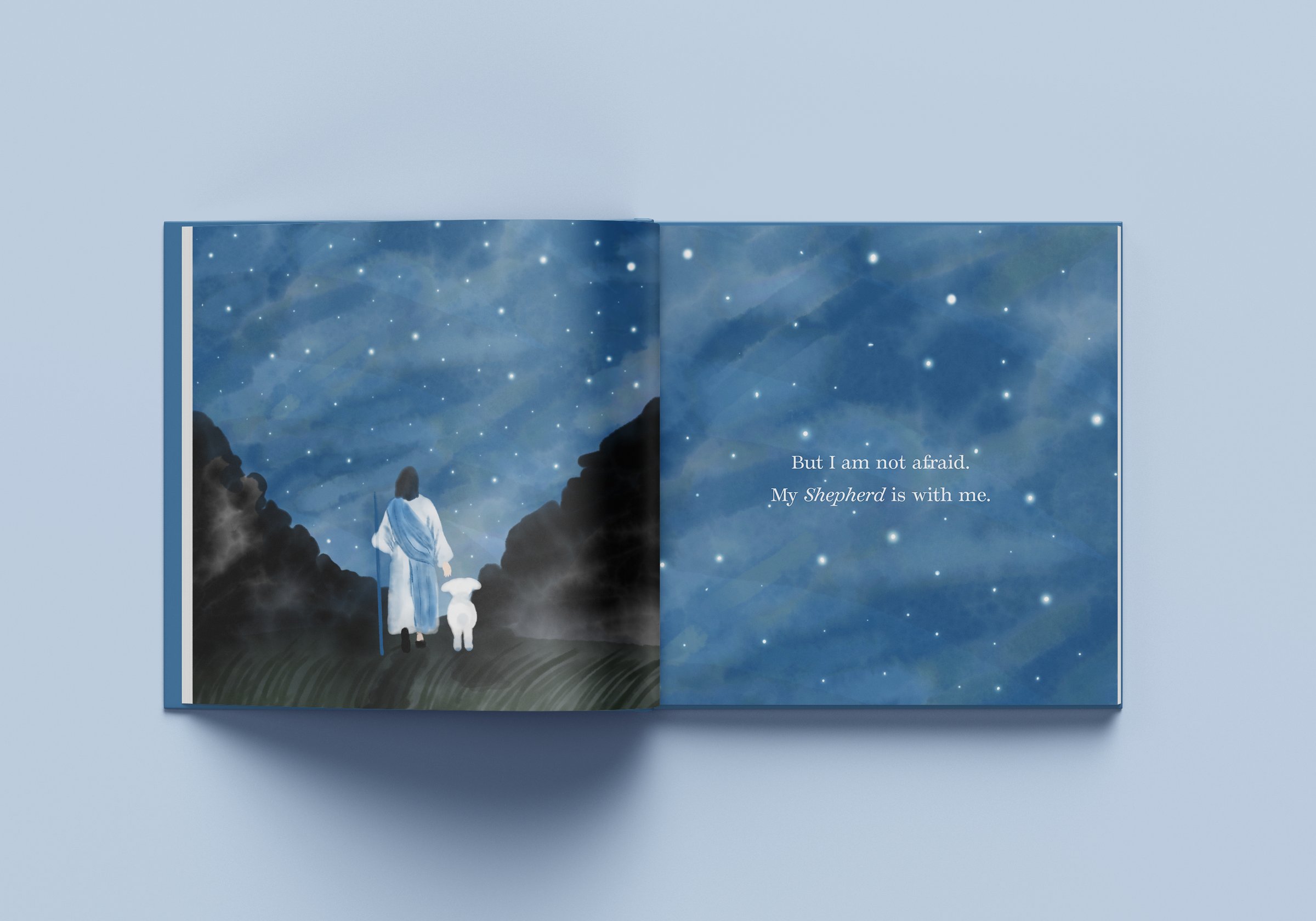 Open spread: the shepherd and lamb walking a starlit path, beside But I am not afraid, my Shepherd is with me