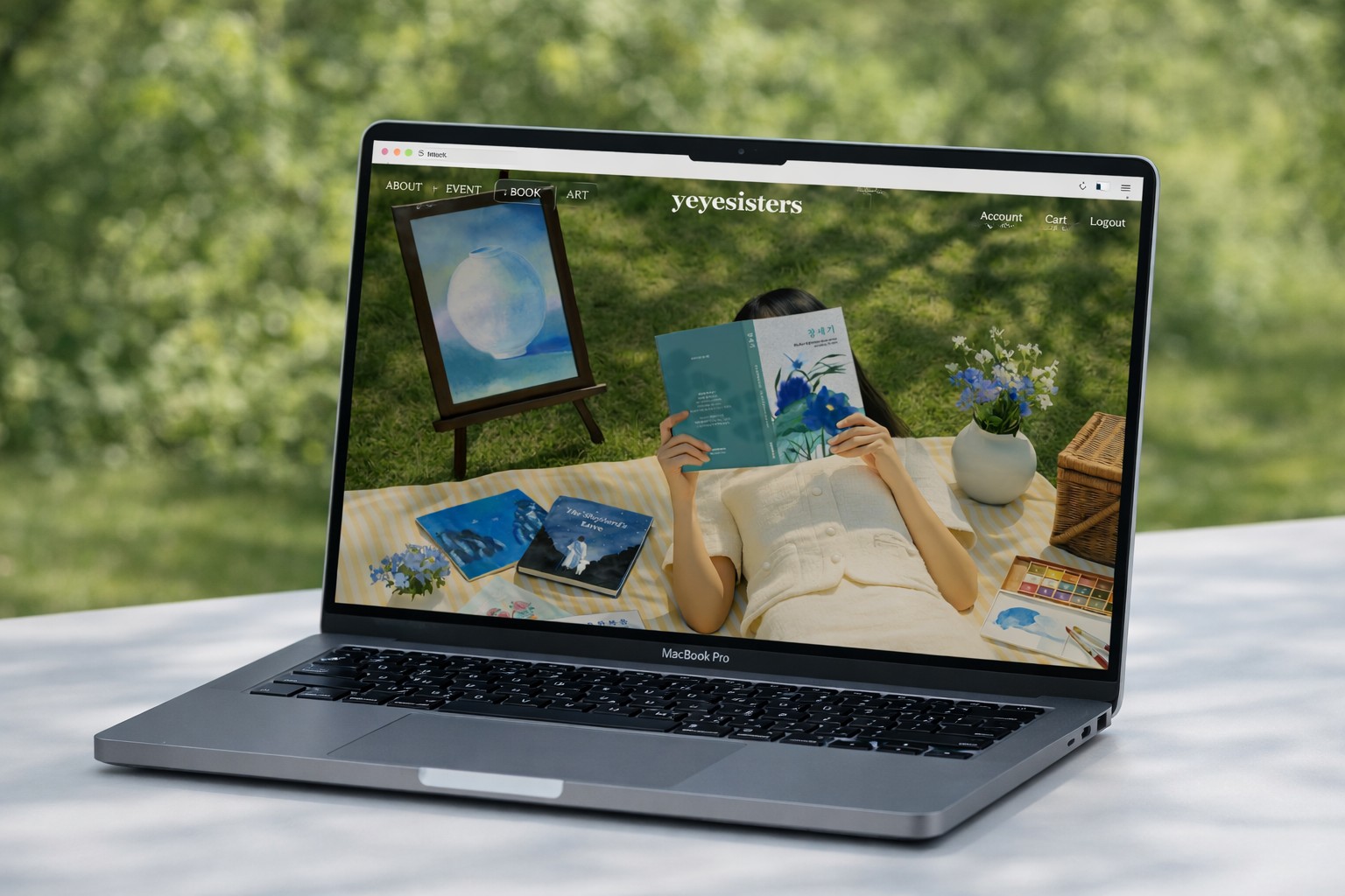 A laptop on a white table in dappled garden light showing the yeyesisters.kr home page: a woman lying on a picnic blanket reading a teal 창세기 book, with watercolour books, an easel and a basket around her