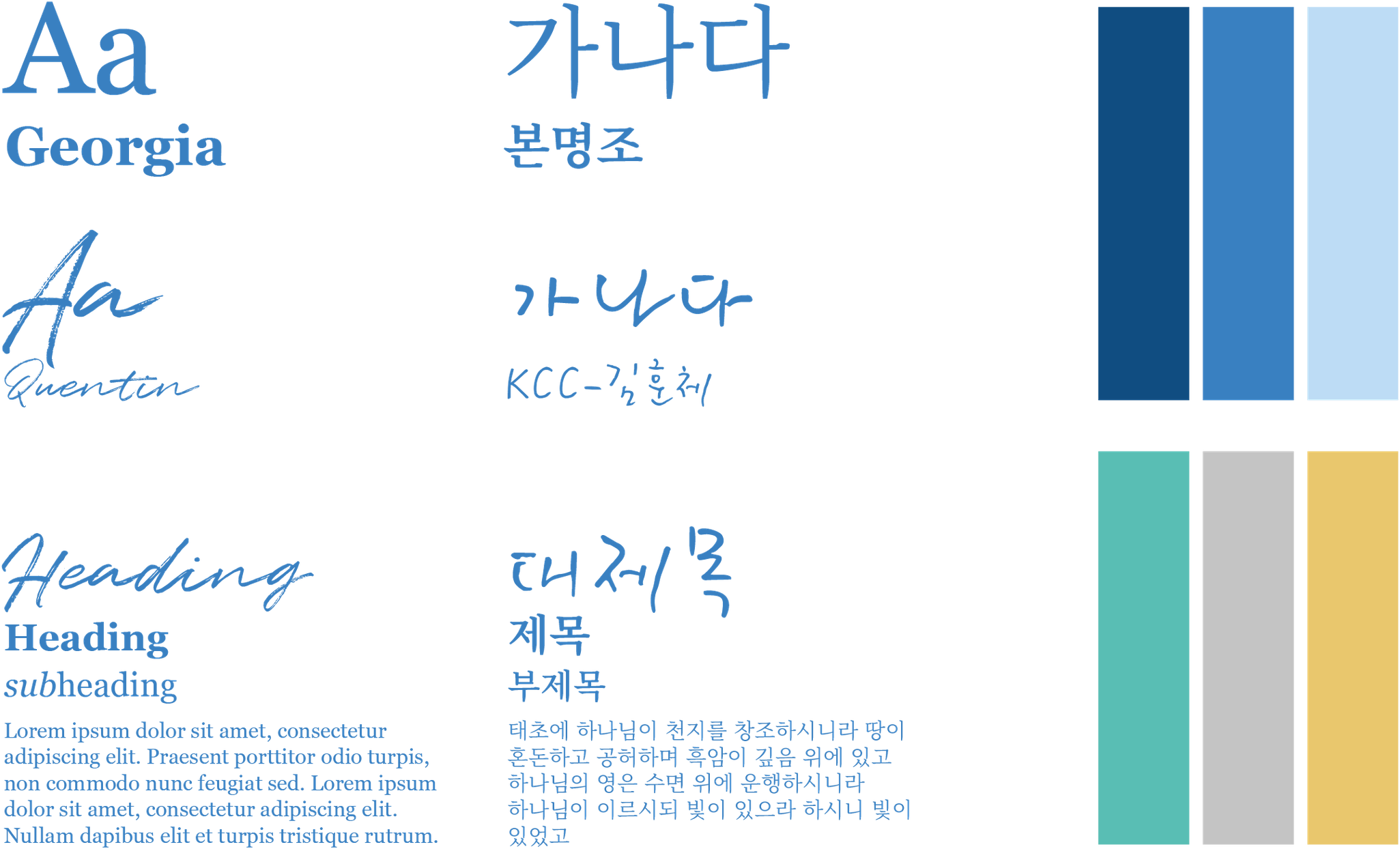 Yeyesisters brand guide: Georgia and 본명조 for headings and body text, the script faces Quentin and KCC-김훈체 for display, and a palette of three blues with teal, grey and yellow